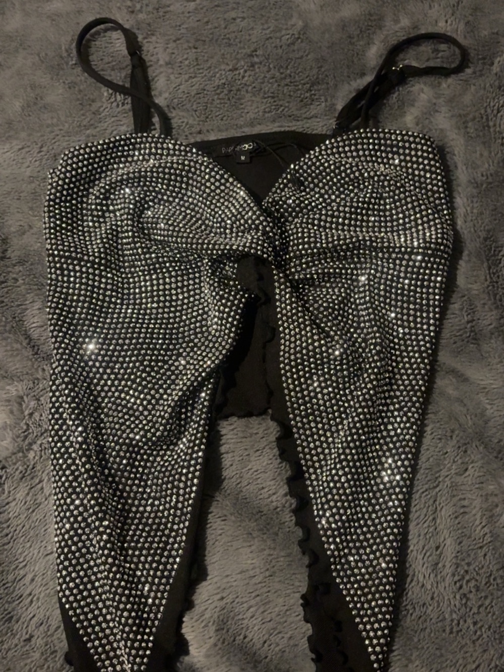 Sparkle Rhinestone Black Crop Top with Twist Front